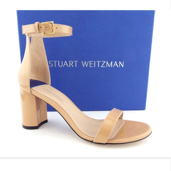 nude patent block heel sandals